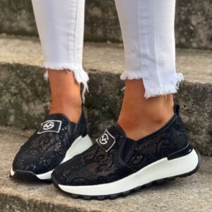 Białe sneakersy na wyższej podeszwie LACE COUTURE skóra naturalna